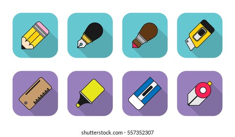 stationery flat icon set, vector illustration, equipment, appliance, outline color