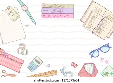 Stationery flat lay, workspace, books, background studying, creative lifestyle, planning Back to school hand drawn objects set, illustration pastel colors