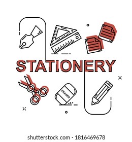 Stationery with flat outline illustration