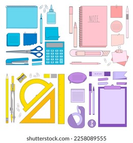 Stationery four colored set - notepad, notes, glue stick, tape, pen, stickers and other. Vector illustration isolated on white background