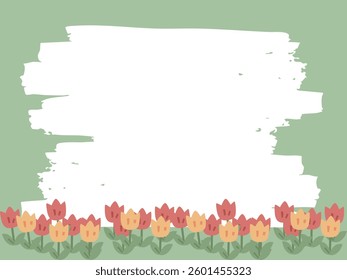 Stationery frame illustration featuring a fresh combination of red and yellow tulips on a pastel green background, great for spring-themed notes, invitations, or messages.