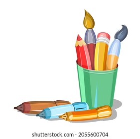 Stationery in a glass. Childrens cartoon style. Markers. Tools for creativity and drawing. Brushes and pencils. Isolated on white background. Vector