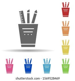 Stationery glass, pen, ruler in multi color style icon. Simple glyph, flat vector of business icons for ui and ux, website or mobile application