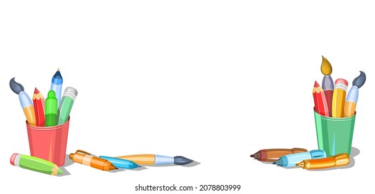 Estacionería en un vaso. Dispersados en el caos. Herramientas para la creatividad y el dibujo. Estilo de caricatura infantil. Cepillos y lápices. Aislado sobre fondo blanco. Vector