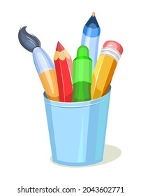 Stationery in a glass. Tools for creativity and drawing. Childrens funny cartoon style. Brushes and pencils. Isolated on white background. Vector