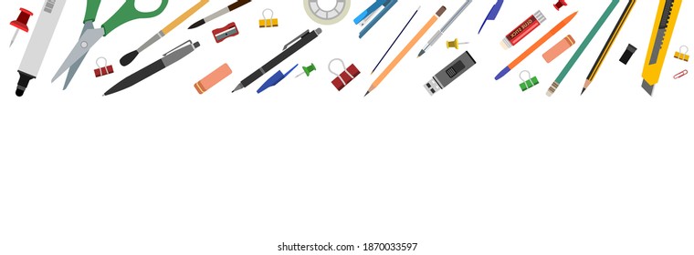 Stationery. Goods for the office, school and creativity. Top frame. For a banner. The isolated object on a white background. Vector illustration