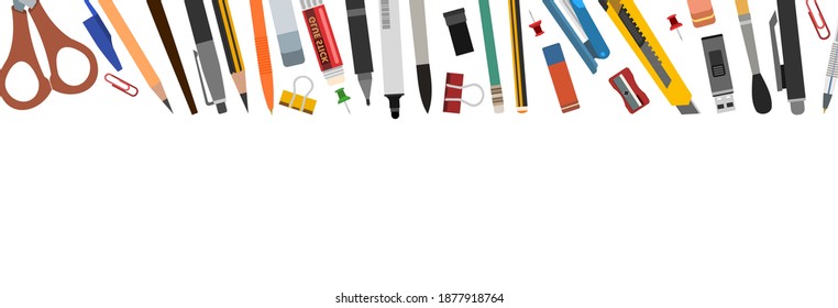 Stationery. Goods for the office, school and creativity. Top frame. For a banner. The isolated object on a white background. Vector illustration