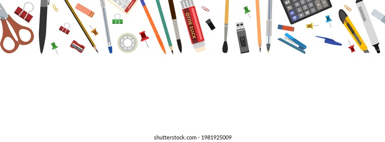 Stationery. Goods for the office, school and creativity. Top frame. For a banner. The isolated object on a white background.  Vector illustration