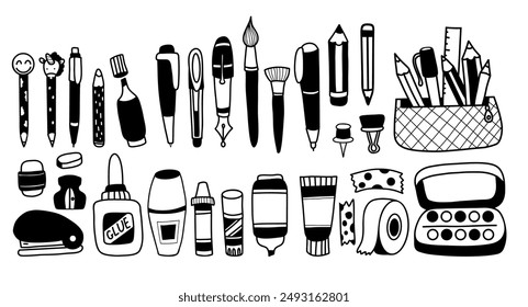 Stationery goods, school accessories, hobby, educational items doodles. Collection pencil case with pens, brushes and paints, glue, eraser, sharpener, marker and stapler. Vector isolated hand drawings