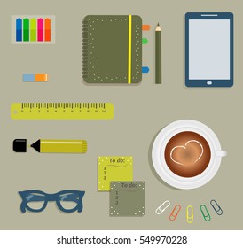 Stationery: Green day planner spiral-bound with cute polka dots. Stickers. Markers Dark blue glasses. Pencil. Clips. Tablet. A cup of coffee with a heart. Vector illustration. 