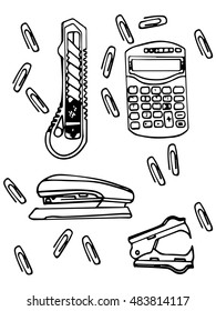 Stationery hand drawing set. knife, calculator and stapler, clip hand drawing
