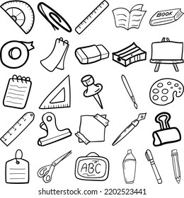 Stationery Hand Drawn Doodle Line Art Outline Set Containing Stationery, appointment book, ball-point pen, paintbrush, binder clip, paper clip, clipboard, tape, eraser, fountain pen, label, paper, pen