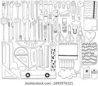 Stationery hand drawn doodle vector set. Big set of pens, pencils, notepads, rulers, paper clips, glue stick and other school supplies