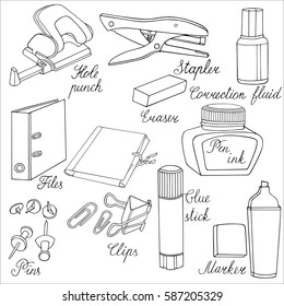 Stationery Hand drawn sketched vector illustration. Doodle accessories Design Isolated on white.