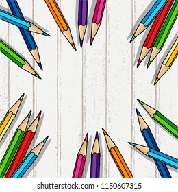 Stationery hand drawn vector doodle illustration blank frame. Scattered colored pencils border over white weathered wood board background.