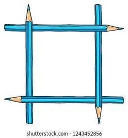 Stationery hand drawn vector doodle illustration blank frame. Square blue crayon pencils border isolated over white. Education background.