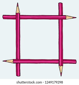 Stationery hand drawn vector doodle illustration blank frame. Square pink crayon pencils border isolated over white. Education background.