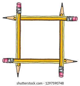 Stationery hand drawn vector doodle illustration blank frame. Square graphite pencils border isolated over white. Education background.