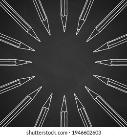 Stationery hand drawn vector doodle illustration blank frame. Chalk drawing of pencils border in white over black chalkboard. Education background.