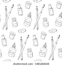 Stationery handdrawn seamless pattern design black and white pencil brush school supplies