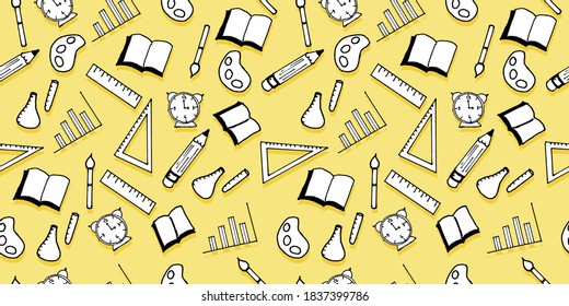 Stationery Harmony: A seamless pattern featuring office and school stationery icons outlined in thin black strokes. This versatile vector set adds a touch of organization to your designs.