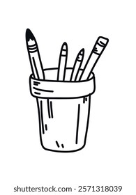 stationery holder with pens and pencils in vector style 