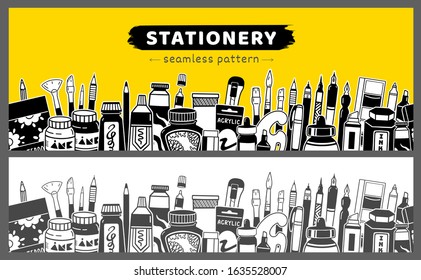 Stationery horisontal banner. Seamless pattern with school and office accessories, art supplies, drawing tools. Vector illustration.