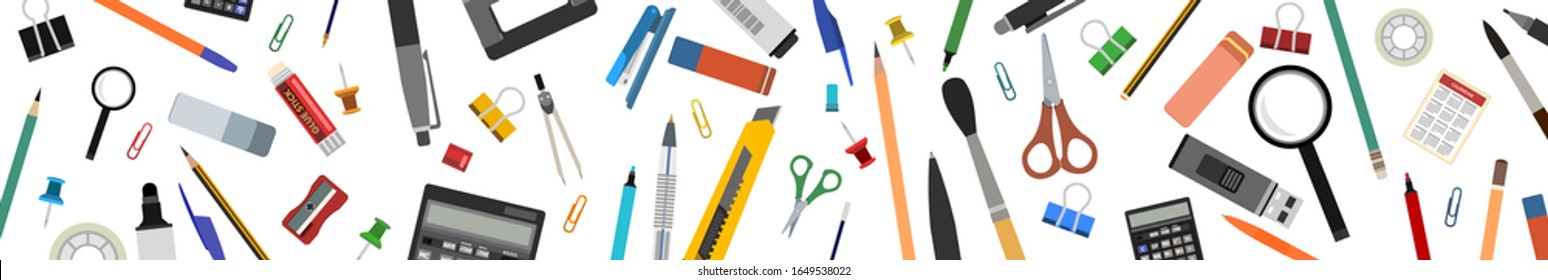 Stationery. Horizontal background for advertising a store, company. Vector illustration. Isolated on a white background. Pencils, pens, felt-tip pens, brushes, erasers, scissors, adhesive tape