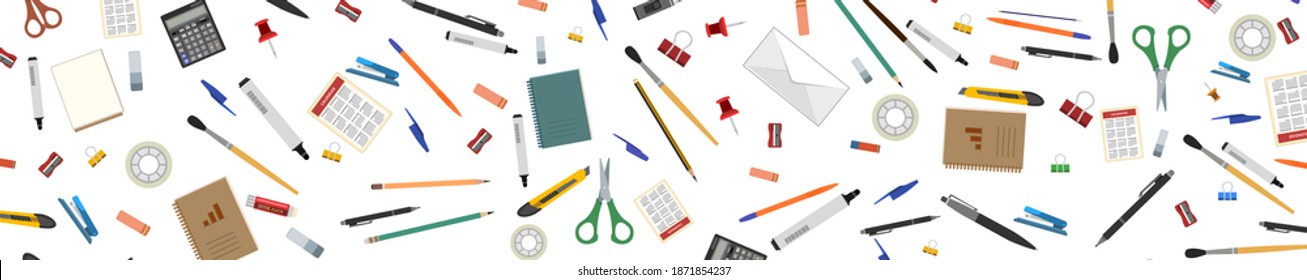 Stationery. Horizontal background for advertising a store, company. illustration. Isolated on a white background. Pencils, pens, felt-tip pens, brushes, erasers, scissors, adhesive tape. Vector