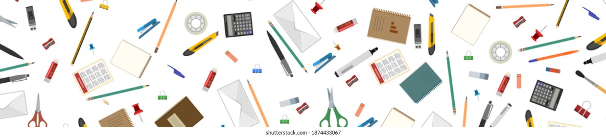 Stationery. Horizontal background for advertising a store, company. illustration. Isolated on a white background. Pencils, pens, felt-tip pens, brushes, erasers, scissors, adhesive tape. Vector