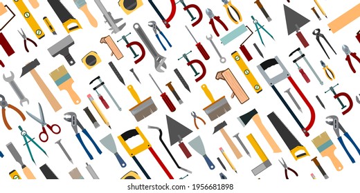 Stationery. Horizontal background for advertising a store, company. illustration. Isolated on a white background. Pencils, pens, felt-tip pens, brushes, erasers, scissors, adhesive tape. Vector