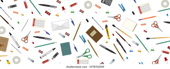 Stationery. Horizontal background for advertising a store, company. illustration. Isolated on a white background. Pencils, pens, felt-tip pens, brushes, erasers, scissors, adhesive tape. Vector