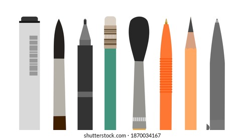 Stationery. Horizontal background picture for art studio, stationery store, school. Isolated object. Brushes, pencils, felt-tip pens. Bottom frame for banner, poster, business card. Vector