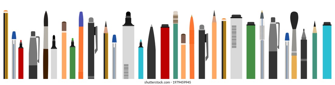 Stationery. Horizontal background picture for art studio, stationery store, school. Isolated object. Brushes, pencils, felt-tip pens.  Bottom frame for banner, poster, business card. Vector