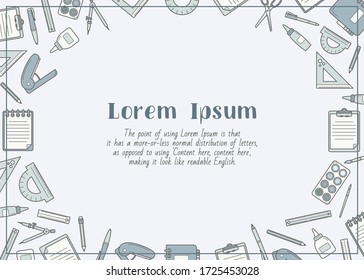Stationery - horizontal card with text and vector color illustrations of pencil, pen, ruler, scissors, eraser, marker, paintbrush, glue for graphic design