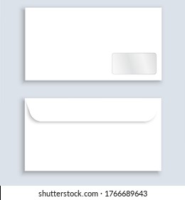 Stationery. A horizontal, clean, closed envelope with shadow. Envelope template from two angles, front and back. Send a letter to the address of the recipient. Vector
