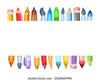Stationery. Horizontal composition for boarders. Up and down. Pencils and brushes. Items for creativity. Ballpoint and gel pens. Isolated on white background. Cheerful cartoon style. Vector