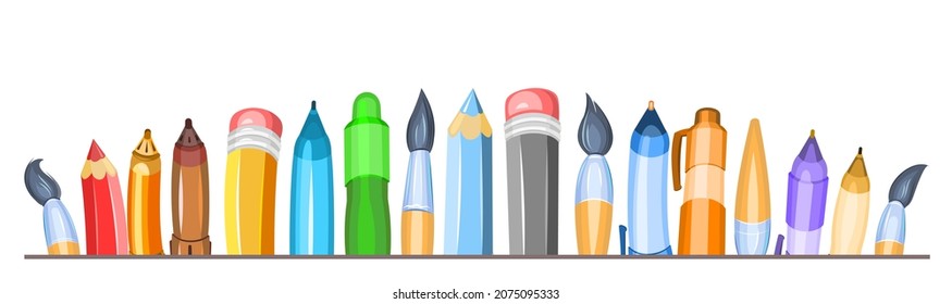 Stationerie. Horizontale Zusammensetzung für eine Grenze in Form einer Welle. Bleistifte und Pinsel. Gegenstände für Kreativität. Kugelschreiber und Gel-Stifte. Einzeln auf weißem Hintergrund. Fröhlicher Cartoon-Stil. Vektorgrafik