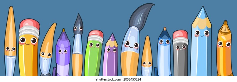 Stationery. Horizontal composition for a border on a dark background. Pencils and brushes. Items for creativity. Ballpoint and gel pens. Cheerful cartoon style. Vector