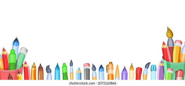 Stationery. Horizontal composition for the border. Pencils and brushes in glasses. Items for creativity. Ballpoint and gel pens. Isolated on white background. Cheerful cartoon style. Vector.