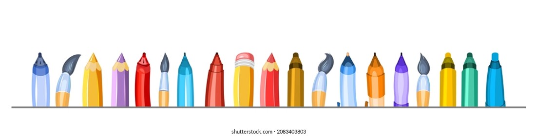 Stationery. Horizontal composition for the border. Pencils and brushes. Items for creativity. Ballpoint and gel pens. Isolated on white background. Cheerful cartoon style. Vector