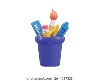 Stationery icon 3d render concept of Stationery pencils container with office supplies pencil, brush, pen, scale for education desk items vector illustration