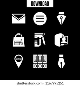 stationery icon. 9 stationery vector set. bag of books, bus stop pin, folder and closed envelope icons for web and design about stationery theme
