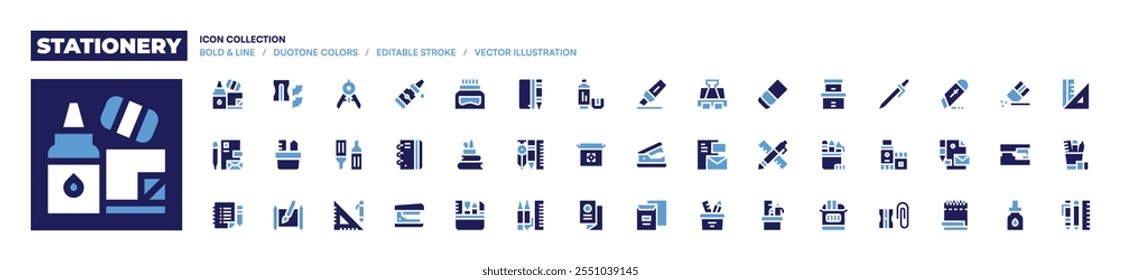 Coleção de ícones de papel de carta. Estilo negrito. Cores duotônicas. papelaria, regras, caligrafia, bússola, cola líquida, marcadores, notebook, grampeador, apontador de lápis.