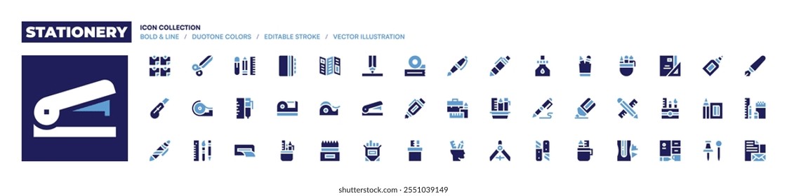 Coleção de ícones de papel de carta. Estilo negrito. Cores duotônicas. fita adesiva, papel de carta, cortador, impressão, caneta, brochura, tesoura, notas adesivas, lápis de cor, documento.