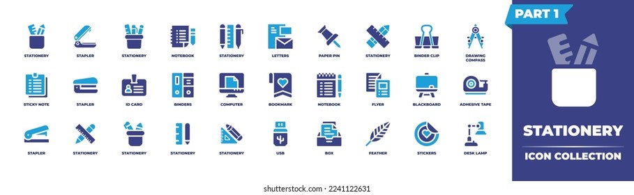 Stationery icon collection. Duotone color. Vector illustration. Containing stationery, stapler, notebook, letters, paper, pin, binder, clip, drawing, compass, sticky, note, id, card, binders.