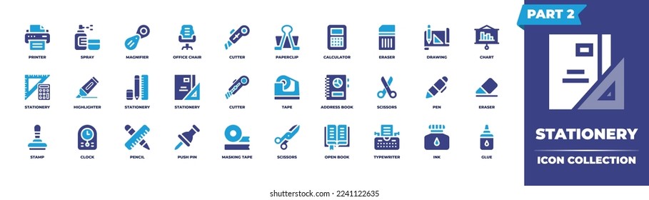 Stationery icon collection. Duotone color. Vector illustration. Containing stationery, printer, spray, magnifier, office, chair, cutter, paperclip, calculator, eraser, drawing, chart.