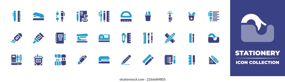 Stationery icon collection. Duotone color. Vector illustration. Containing stationery, stapler, pen, tools, geometry, cutter, glue, notebook, scotch tape, adhesive tape, chalk, pencil, ruler, rules.