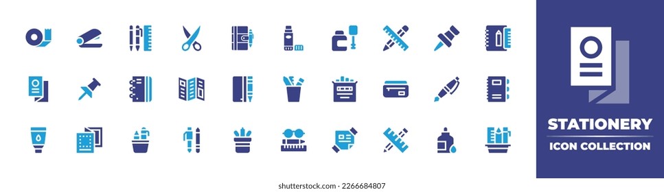 Stationery icon collection. Duotone color. Vector illustration. Containing scotch tape, stapler, writing, scissors, notebook, glue stick, bottle, stationery, push pin, flyer, pushpin, brochure.