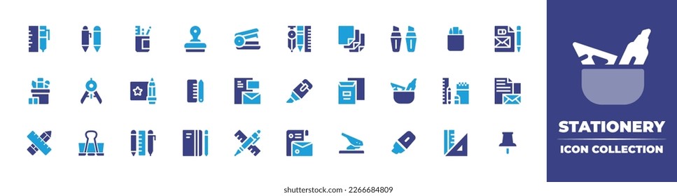 Stationery icon collection. Duotone color. Vector illustration. Containing stationery, stamp, stapler, paper, highlighter, pencil case, compass, drawing, binder clip, notebook, branding, hole puncher.